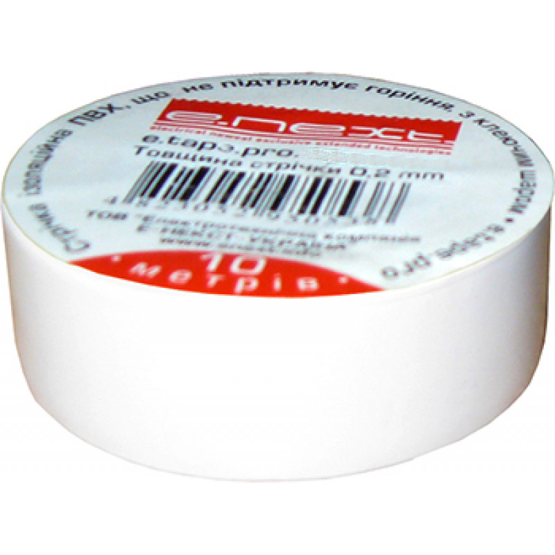 Изолента E.NEXT e.tape.pro.10.white из самозатухающего ПВХ, белая (10м)