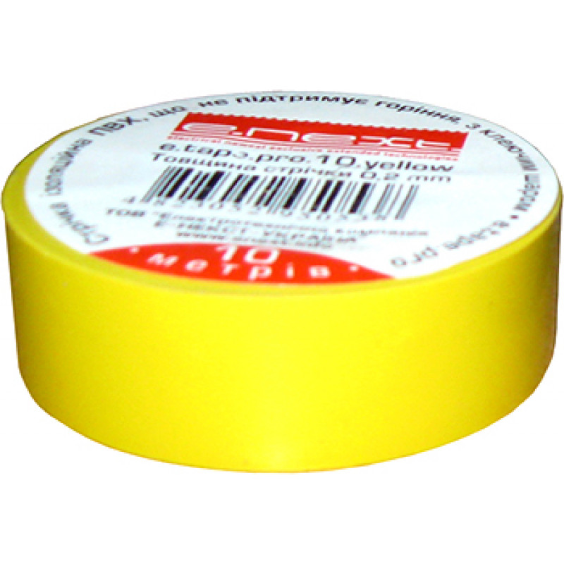Ізоляційна стрічка E.NEXT e.tape.pro.10.yellow із самозатухаючого ПВХ, жовта (10м)