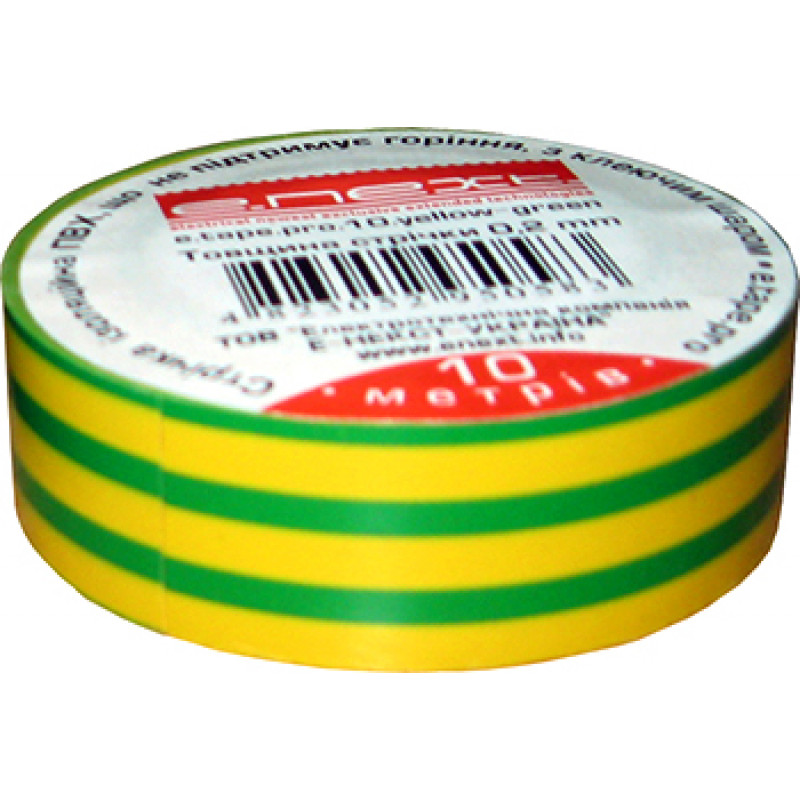 Ізоляційна стрічка E.NEXT e.tape.pro.20.yellow-green із самозатухаючого ПВХ, жовто-зелена (20м)