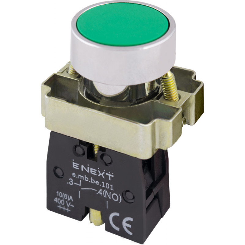 Кнопка управления без подсветки плоская E.NEXT e.mb.ba31 зеленая, без фиксации, 1NO (p0810107)