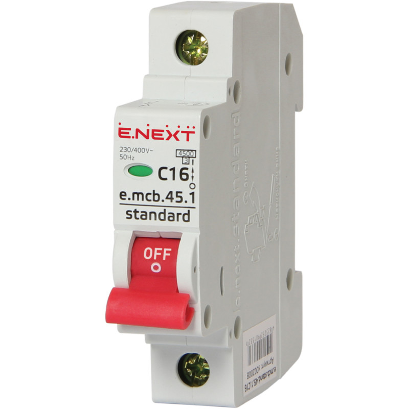 Автоматичний вимикач E.NEXT e.mcb.stand.45.1.C16, 1р, 16А, C, 4,5 кА (s002008)