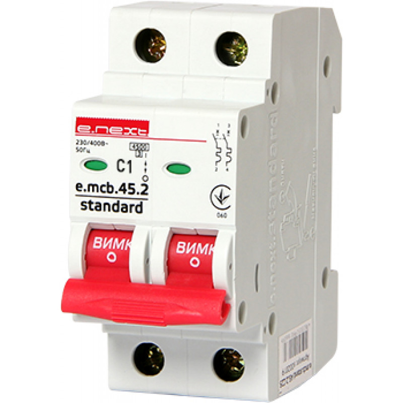 Автоматичний вимикач E.NEXT e.mcb.stand.45.2.C1, 2р, 1А, C, 4,5 кА (s002054)