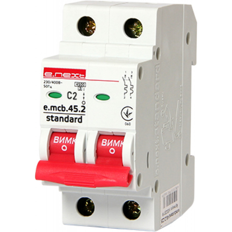 Автоматический выключатель E.NEXT e.mcb.stand.45.2.C2, 2р, 2А, C, 4,5 кА (s002041)