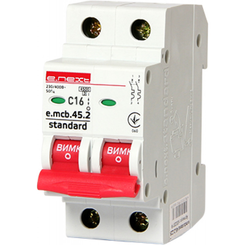 Автоматичний вимикач E.NEXT e.mcb.stand.45.2.C16, 2р, 16А, C, 4,5 кА (s002017)