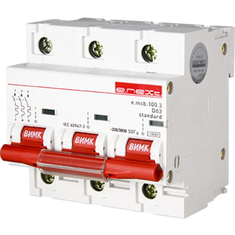 Автоматичний вимикач E.NEXT e.mcb.stand.100.3.D63, 3р, 63А, D, 10кА (s026001)