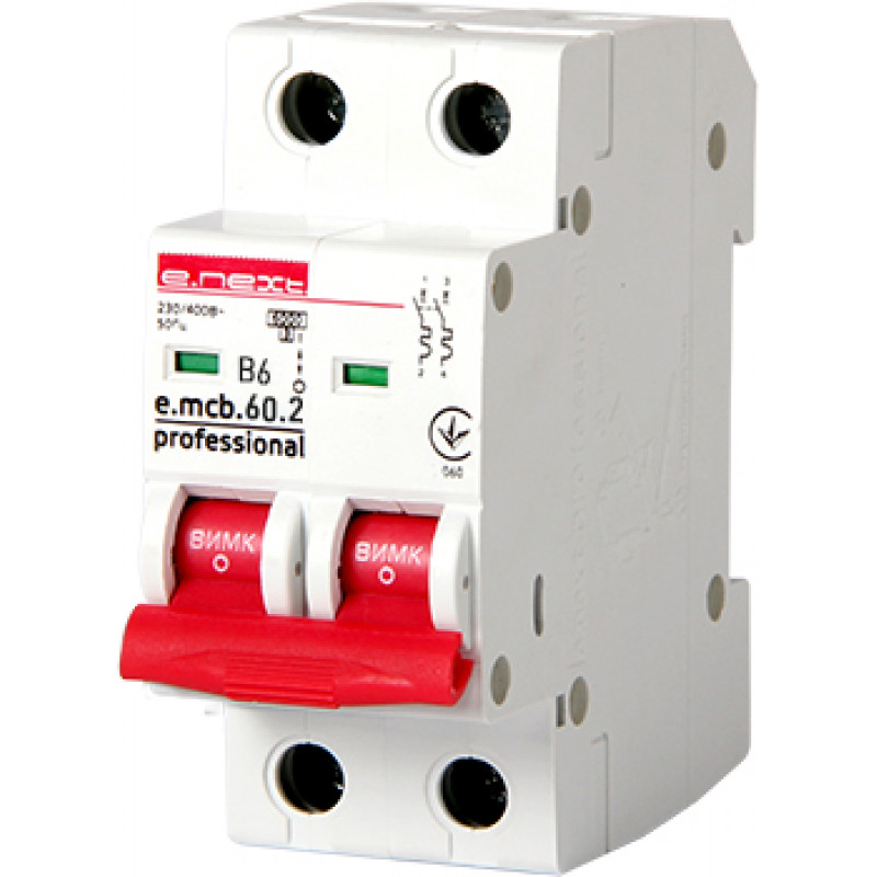 Автоматичний вимикач E.NEXT e.mcb.pro.60.2.B 6, 2р, 6А, В, 6кА (p041015)