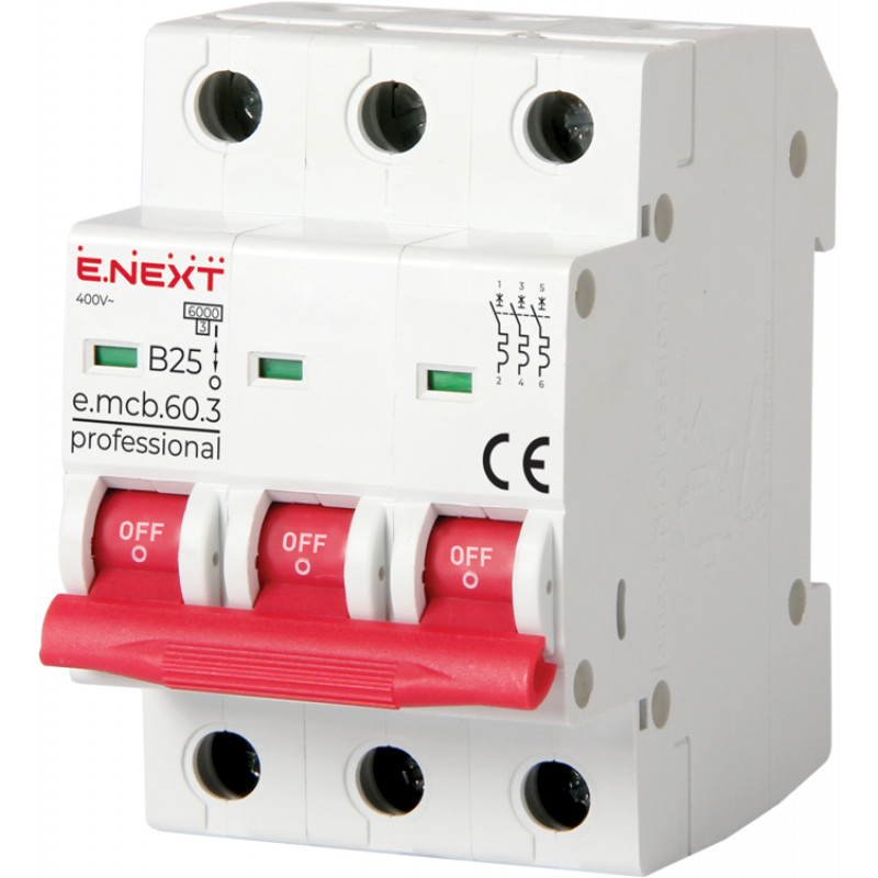 Автоматичний вимикач E.NEXT e.mcb.pro.60.3.B 25, 3р, 25А, В, 6кА (p041028)