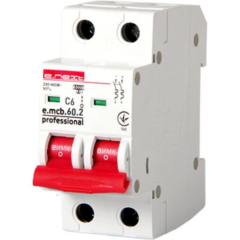 Автоматичний вимикач E.NEXT e.mcb.pro.60.2.C 6, 2р, 6А, C, 6кА (p042015)