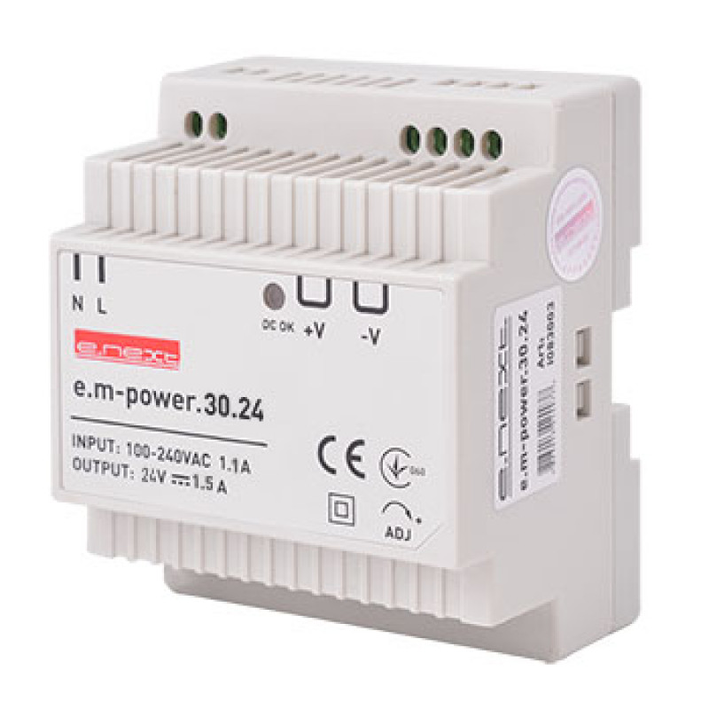 Блок питания на DIN-рейку E.NEXT e.m-power.30.24 30Вт, DC24В (i083003) Блок питания на DIN-рейку E.NEXT e.m-power.30.24 30Вт, DC24В (i083003)